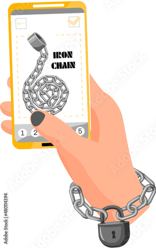 Modern internet and social networks addiction metaphor. Iron chain on smartphone screen, dominance of gadgets. Flat vector concept social media and internet nomophobia and digital detox illustration