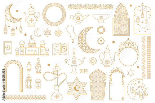 Arabic oriental muslim golden floral outline symbols. Lanterns, moon, hookah, mosque, arabic decorative frames vector illustration set. Islamic abstract elements photo