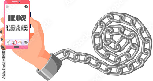 Modern internet and social networks addiction metaphor. Iron chain on smartphone screen, dominance of gadgets. Flat vector concept social media and internet nomophobia and digital detox illustration