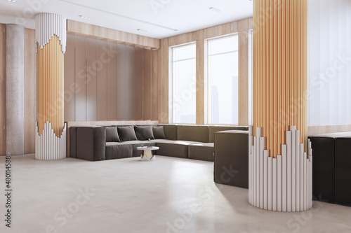 Fototapeta Naklejka Na Ścianę i Meble -  Luxury office waiting area with couch, window with city view and daylight, concrete walls and floor and decorative pillar. 3D Rendering.