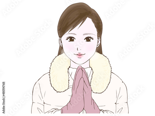 セミロングの女性_ダウンコート_手袋