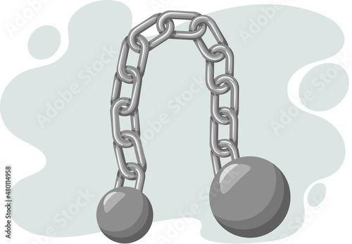 Old fashioned or retro ball and iron chain concept illustration for detention or imprisonment. Obsolete heavy leg irons. Silver jail chain with heavy shackle, criminal design, restriction of freedom