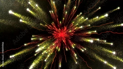 Colorful multi-colored firework explosion with fast-flying fireballs and bright flashes