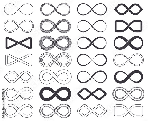Infinity eternity unlimited symbols, limitless cyclical emblems. Outline infinity signs, unlimited eternity loop vector symbols set. Endless infinite icons