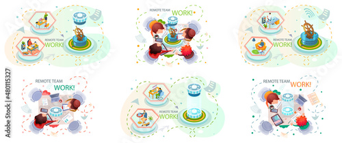 Remote working and networks. Professional business teleworkers connecting online and remote work from home for corporate company. Global outsourcing distributed team, freelance job. Remotely by leader