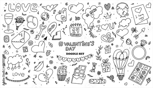 Big doodle set of icons for Valentine s day. Vector illustration for the holiday on February 14. Hand draw set for romance, wedding, date, invitation, greeting card, love. Icons for banners, sales