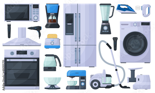 Household appliances, refrigerator, vacuum cleaner and microwave oven. Cooking and cleaning tools, washing machine, and blender vector illustration set