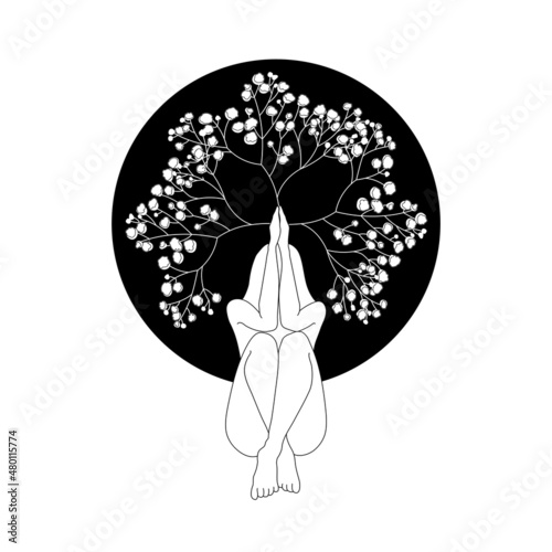 Meditation woman silhouette with gypsophila flower pattern. Black and white illustration.