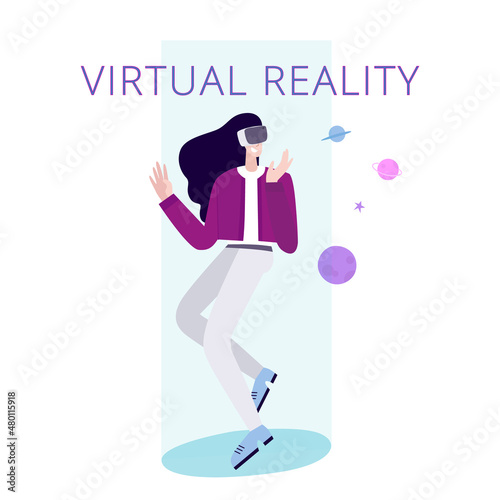 Woman in digital glasses flies in virtual reality 
