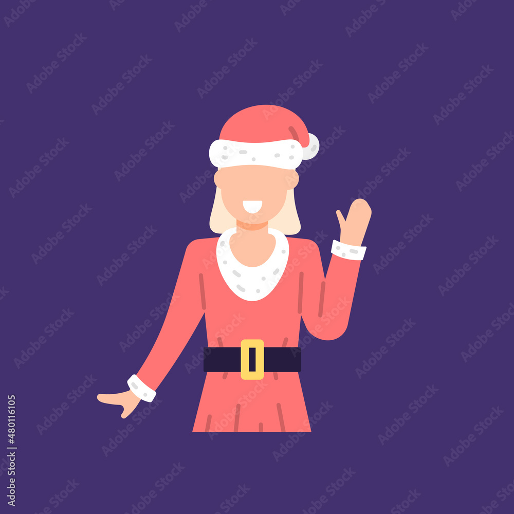 illustration of a woman waving and wearing a christmas or santa outfit. greet guests or greet someone. Merry Christmas. cartoon style