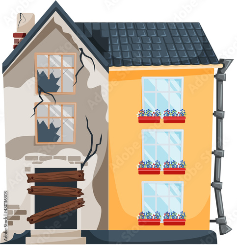 Home renovation, house before and after repair. New and old suburban cottage. Remodel construction. Old run-down house remodeled into cute traditional suburban cottage. Building maintenance service