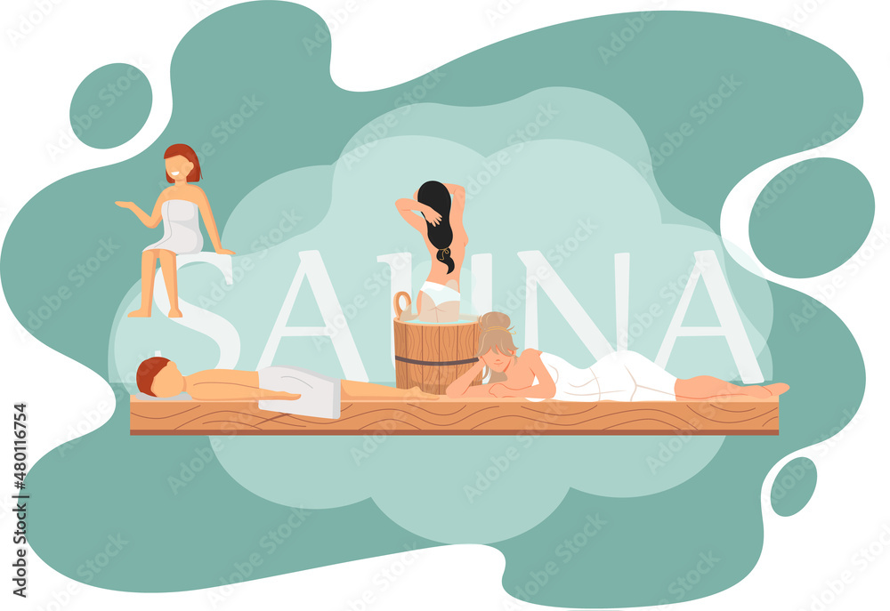 Sauna and steam room. Set of people in sauna. People relax and steam with birch brooms in traditional russian stove for female and male. Finnish bathhouse. Public sauna, Friends in spa resort