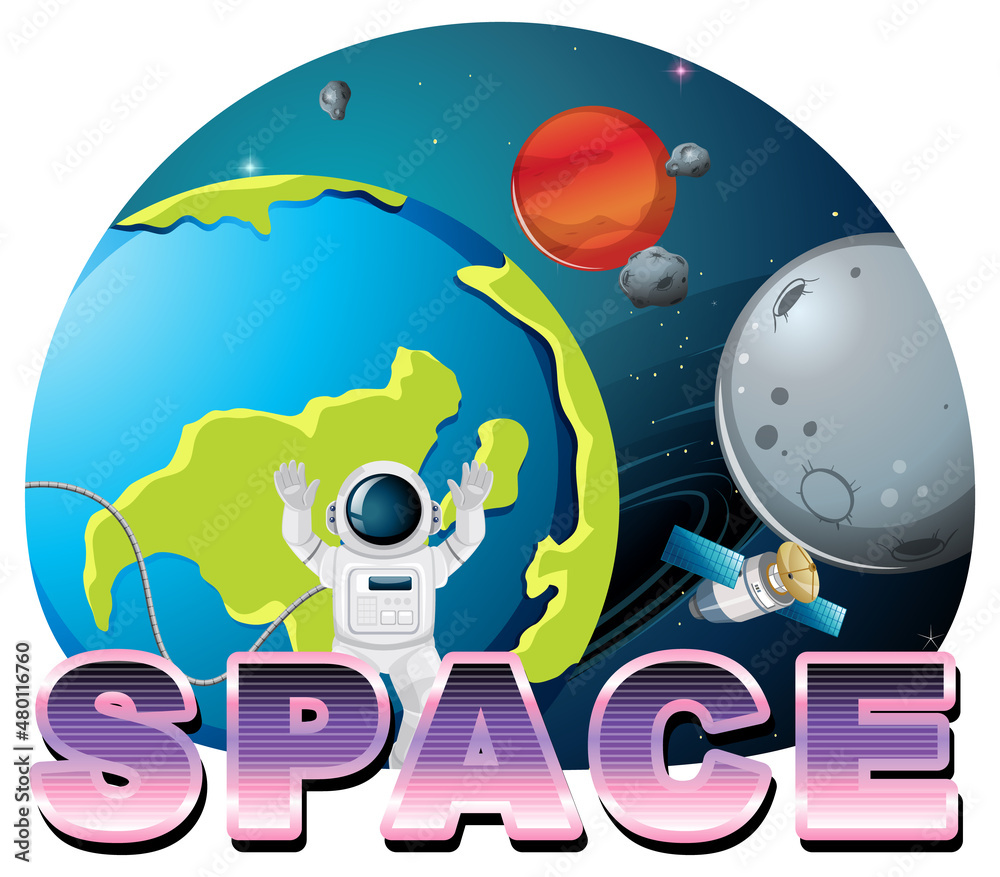 Space word logo design with astronaut and earth
