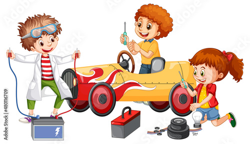 Children repairing a car together