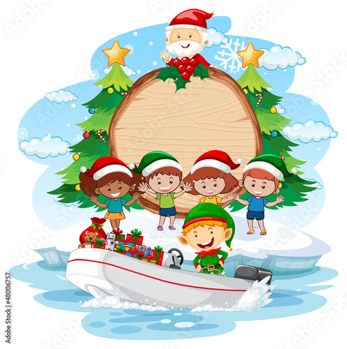 Empty banner with Christmas elves delivering gifts by a boat