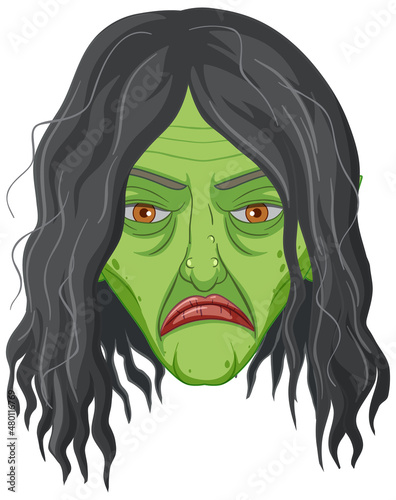 Wicked old witch face on white background