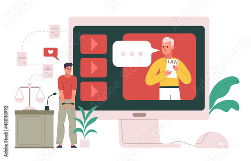 Online lawyer service, mobile app or law consultation platform. Professional lawyer service, online trial process vector illustration. Judgement and punishment concept