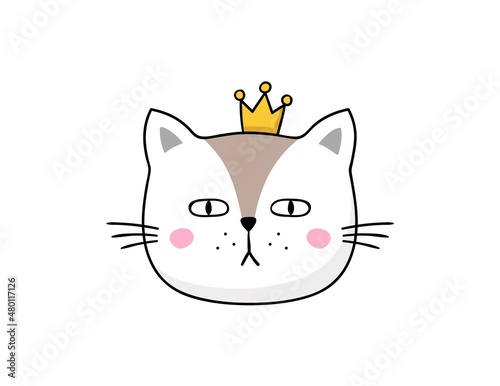 Hand-drawn cat with crown. Vector cartoon kitty head.
