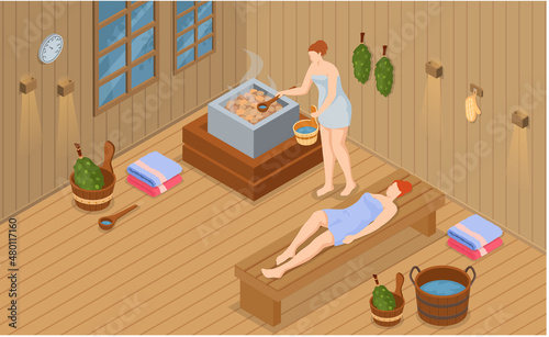 People steaming in sauna concept. Women wearing bath towel sitting on wooden bench in bath. Heat therapy, relaxation and rest. Girls relax and steam in traditional finnish sauna with hot stone oven