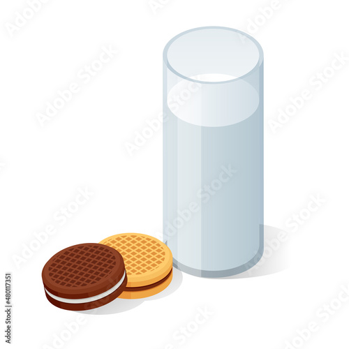 Isometric chocolate chip cookies and glass of milk on white background