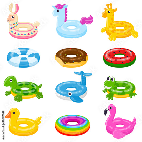 Cartoon swim rings, pool games rubber toys, colorful lifebuoys. Swimming circles, cute pool watermelon, donut and duck toys vector illustration set. Summer swimming lifebuoys