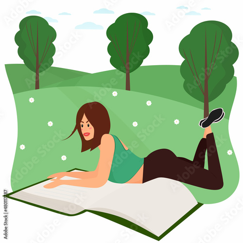 man reads a book lying on the grass in a field.  Concept of the day of learning and literacy. Vector illustration in a flat style