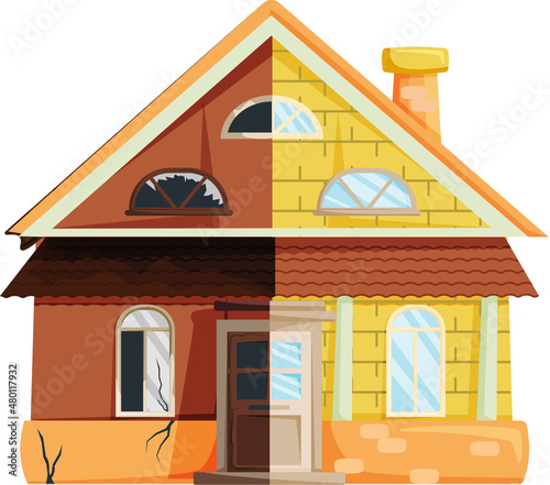 Home renovation, house before and after repair. New and old suburban cottage. Remodel construction. Old run-down house remodeled into cute traditional suburban cottage. Building maintenance service