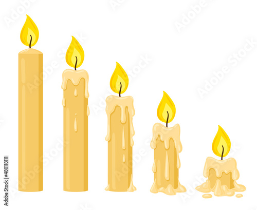 Cartoon burning candles, wax candle burning stages. Melting candles with dripping wax isolated vector illustration. Burning yellow candles