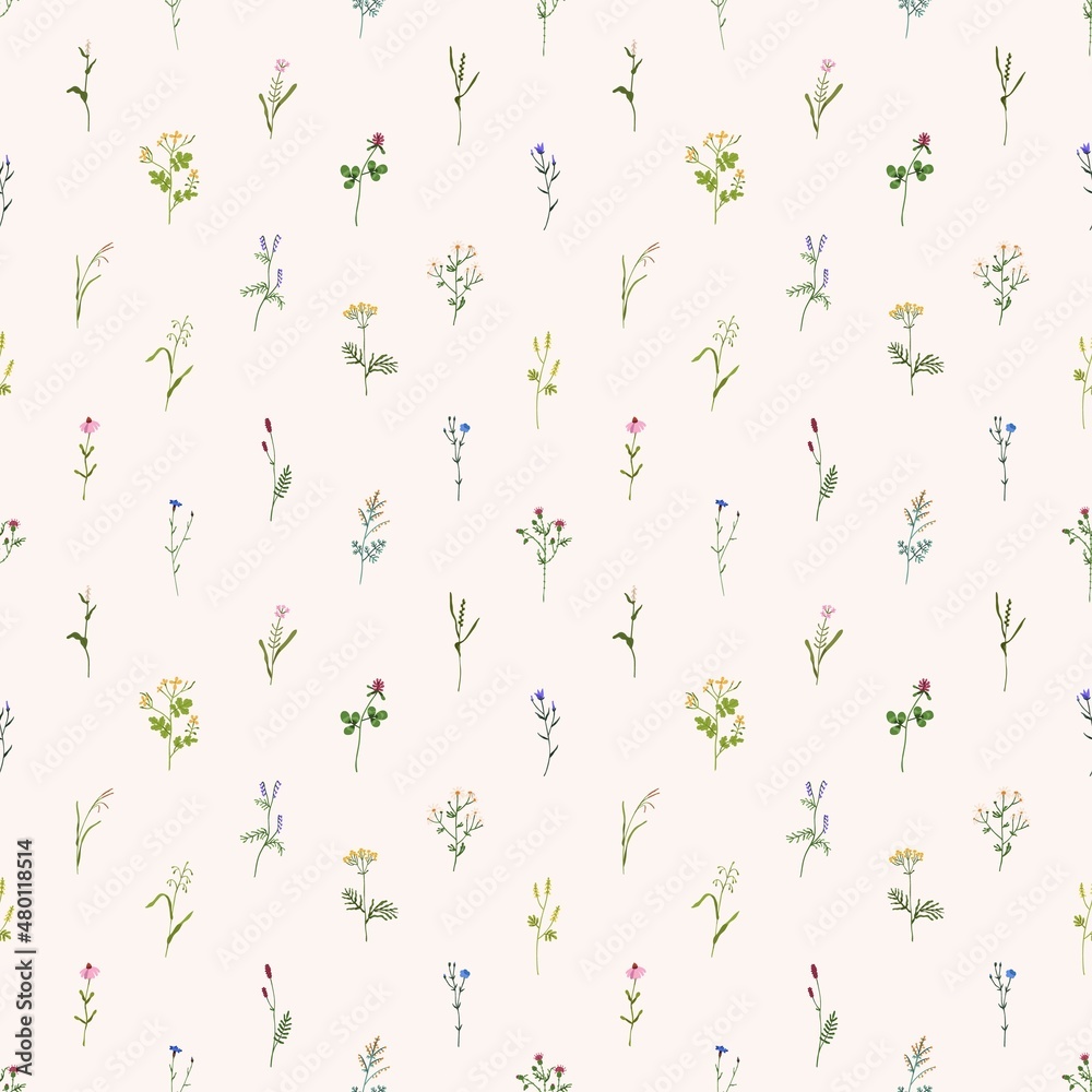 Wild flowers pattern. Seamless floral background with repeatable botanical print. Herbal blooms, plants, wildflowers backdrop design for wrapping and fabric. Colored flat vector illustration for decor Wild flowers pattern. Seamless floral background with repeatable botanical print. Herbal blooms, plants, wildflowers backdrop design for wrapping and fabric. Colored flat vector illustration for decor