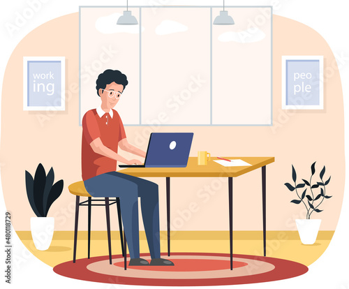 Man, working person sitting in room and correspondence surfing Internet. Male character communicating through network on laptop. Freelance, work from home and home office concept. Working people
