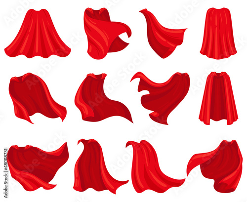 Cartoon superhero red cloaks, scarlet mantle capes. Silk superhero cloak costume, scarlet hero capes vector illustration set. Superhero red textile cloaks photo