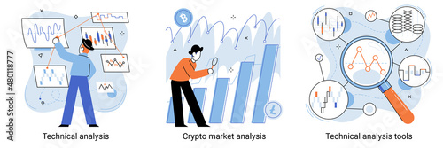 Technical trader analyzing stock chart, crypto market analysis, technical analysis tools set. Investment stock trading based on chart graph. Digital currency market transactions. Electronic money