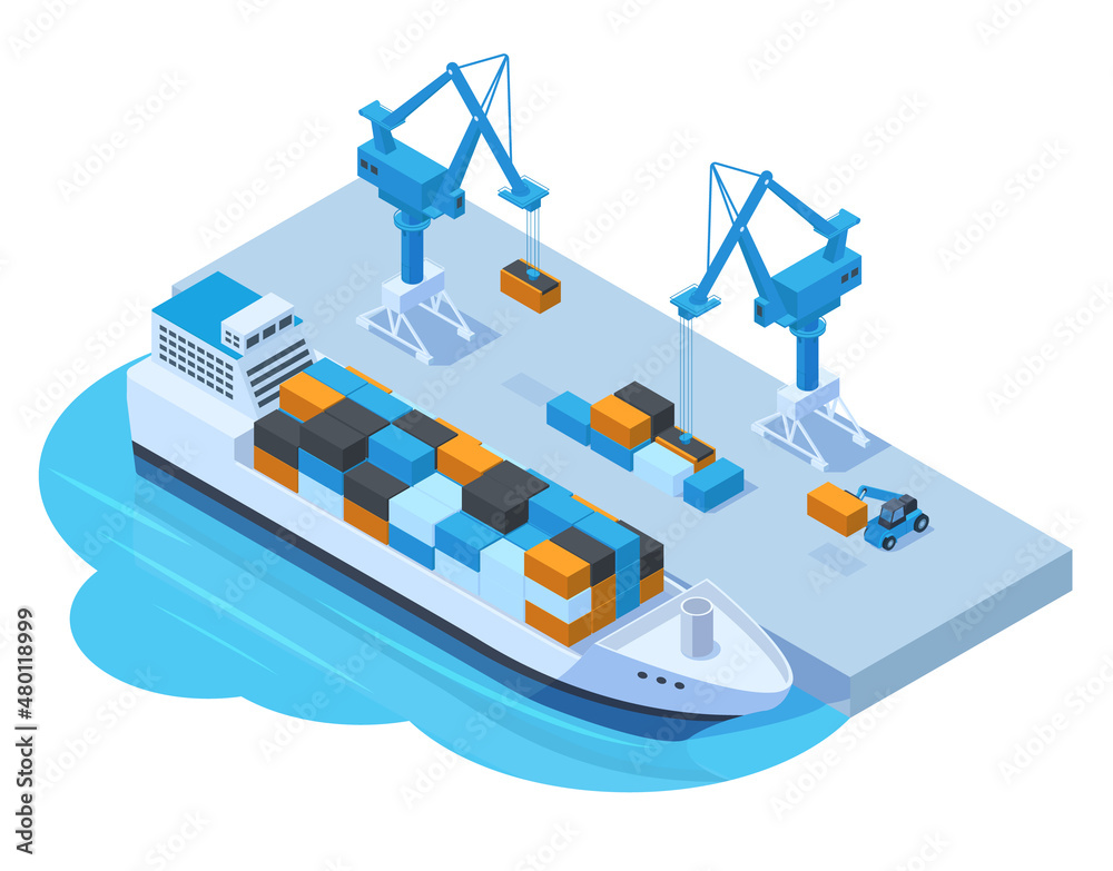 Isometric seaport cargo service, cargo ship barge, container and crane. Marine water transportation seaport concept vector illustration. Boat cargo logistic and shipping - obrazy, fototapety, plakaty 