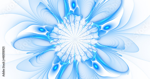 Abstract transparent blue swirl lines. Abstract exotic flower. Psychedelic mandala design. Fantasy light background. Digital fractal art. 3d rendering.