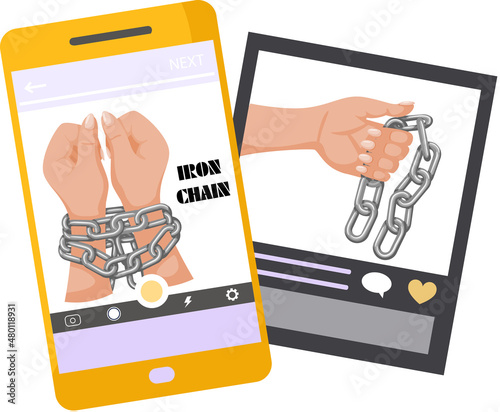 Gadget addiction iron chain that ties hands on smartphone screen in concept of social media and internet nomophobia and digital detox. Social problem mobile phone addiction public disease, dependence