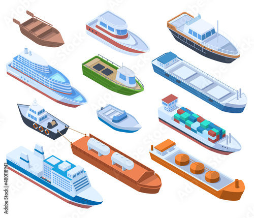 Fotografia Isometric passenger, cargo sea ships, commercial and sailing boats