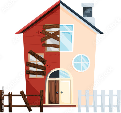Home renovation, house before and after repair. New and old suburban cottage. Remodel construction. Old run-down house remodeled into cute traditional suburban cottage. Building maintenance service
