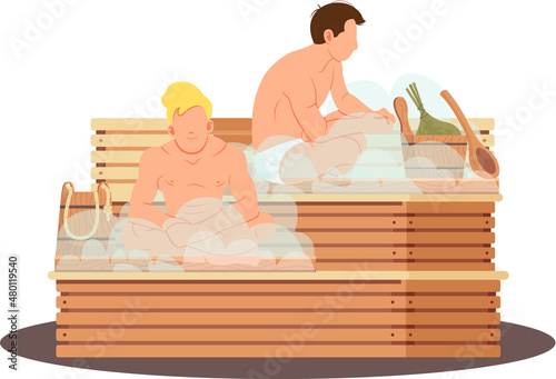 Sauna and steam room. Set of people in sauna. People relax and steam with birch brooms in traditional russian stove for female and male. Finnish bathhouse. Public sauna, Friends in spa resort