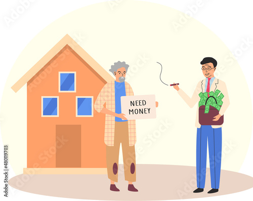 Rich and poor people. Unemployed guy homeless tramp begging on street and successful businessman millionaire with bag of money and cigar. Richness and poverty. Social distance, wealth and poorness