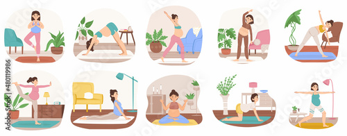 Pregnant woman practicing yoga, health yoga activity. Prenatal healthy activities, meditation and relaxing vector illustration set. Future mothers yoga lessons