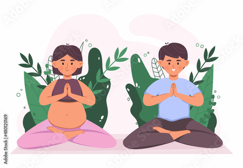 Pregnant woman with husband practicing yoga, lotus pose meditation. Couple sitting in lotus pose, parenting class yoga meditate vector illustration. Healthy pregnancy concept