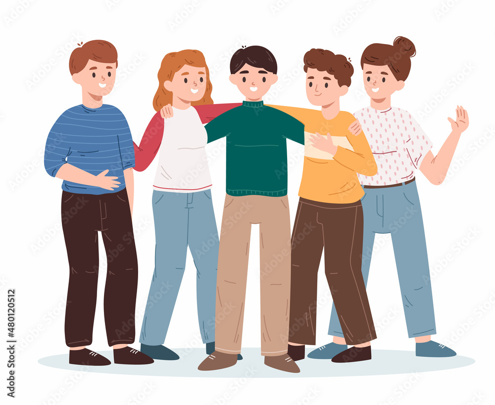 Happy friends group gathering, holding hands and hugging together. Young friends diverse group standing together vector illustration. Friendship and communication concept