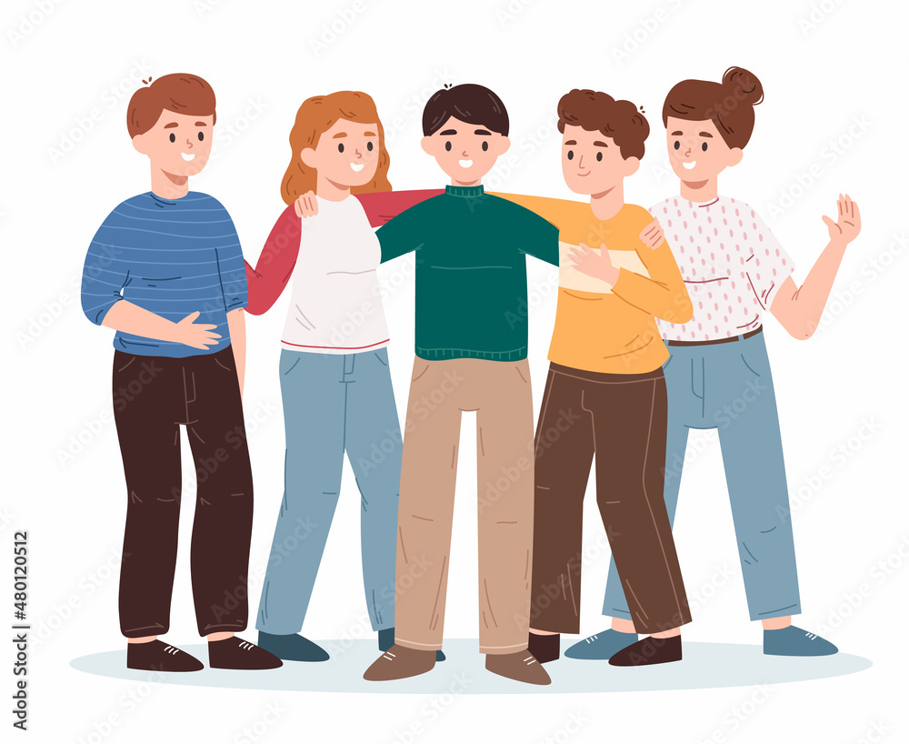 Happy friends group gathering, holding hands and hugging together. Young friends diverse group standing together vector illustration. Friendship and communication concept Happy friends group gathering, holding hands and hugging together. Young friends diverse group standing together vector illustration. Friendship and communication concept