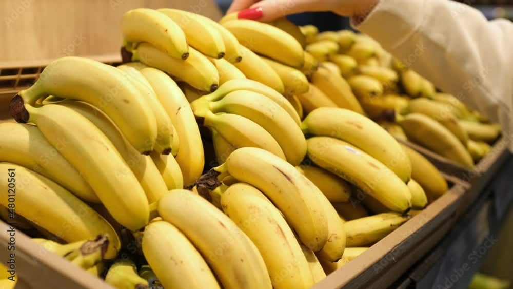Young girl hand take bananas from shelf of store. healthy food. shopping concept Young girl hand take bananas from shelf of store. healthy food. shopping concept