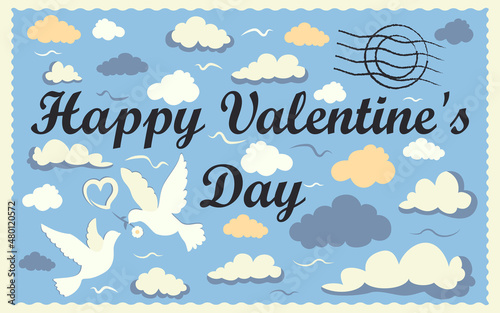 Valentine's Day postage stamp with turtle doves and clouds