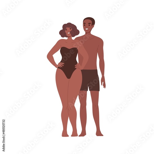 African-American couple in swimwear portrait. Happy young black man and woman...