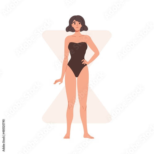 Woman in swimwear with hourglass body shape. Female in swimsuit with hour glass figure type. Slim person with thin waist. Model in underwear. Flat vector illustration isolated on white background