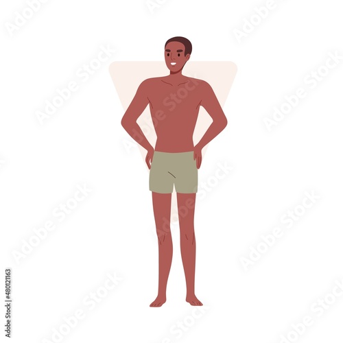 Man with inverted triangle body shape. Happy African-American male in trunks with wide shoulders figure type. Slender slim model in underwear. Flat vector illustration isolated on white background