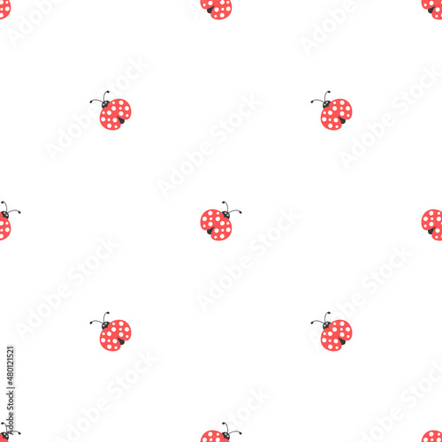Seamless summer background. Flying and creeping flat red Ladybugs pattern on white background.