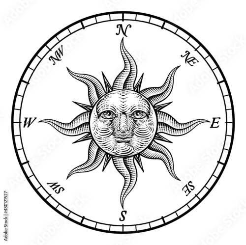 Compass Sun Face Etching Rose Woodcut Drawing
